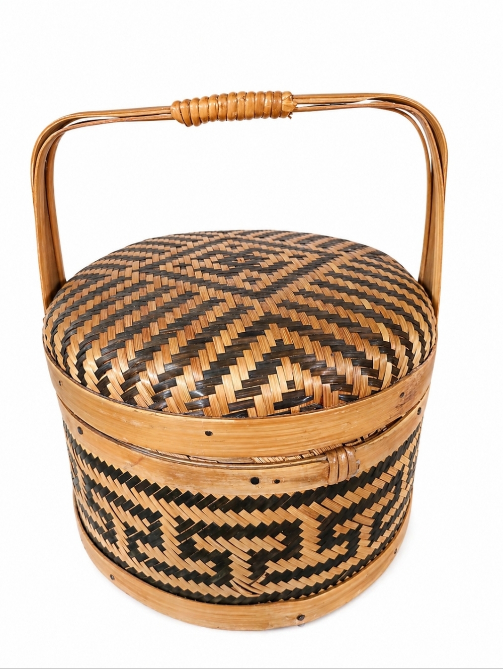 Vintage Woven Bamboo Wedding Sewing Basket Round Design Lid Storage Box Handle